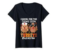 Donna Caring for The Cutest Little Turkeys NICU Crew Thanksgiving Maglietta con Collo a V