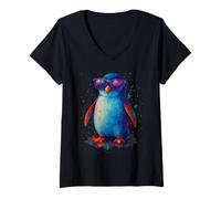 Donna Carino Acquerello Illustrazione Occhiali Da Sole Wildlife Penguin Maglietta con Collo a V