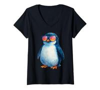Donna Carino acquerello illustrazione Wildlife Penguin in occhiali da sole Maglietta con Collo a V