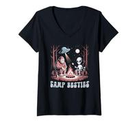 Donna Carino Alien Bigfoot Summer Camp Besties Squadra Campeggio Maglietta con Collo a V