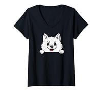 Donna Carino American Eskimo Dog Peeking Puppy Amante Maglietta con Collo a V
