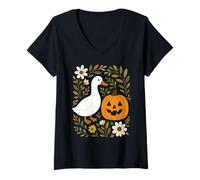 Donna Carino anatra zucca autunno Halloween autunno floreale fattoria animale Maglietta con Collo a V