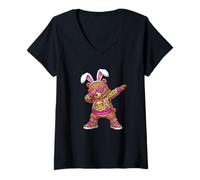 Donna Carino Anime Dabbing Bunny Bear Happy Easter Donne Ragazze Bambini Maglietta con Collo a V