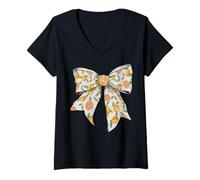 Donna Carino Arancio Pesca Agrumi Modello Ragazza Coquette Bow Maglietta con Collo a V