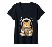 Donna Carino Astronauta Gatto Holding Planet Saturno Maglietta con Collo a V