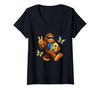 Donna Carino Bigfoot con Occhiali da Sole Supporto per la consapevolezza della sindrome di Down Maglietta con Collo a V