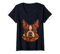 Donna Carino Boston Terrier Autunno Fiori Arte Floreale Estetica Autunno Maglietta con Collo a V