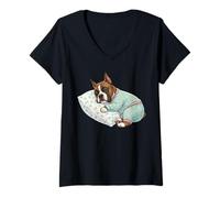 Donna Carino Boxer Cane Dormire in Pigiama Bedtime Art Maglietta con Collo a V