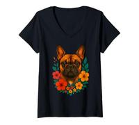 Donna Carino Bulldog francese cane e fiori floreale animale domestico primavera estate Maglietta con Collo a V