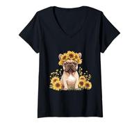 Donna Carino Bulldog francese Girasole Corona Estate Fawn Frenchie Cane Maglietta con Collo a V