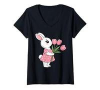 Donna Carino Bunny Coniglio Ragazza Odore Rosa Tulipani Fiori Primav Maglietta con Collo a V