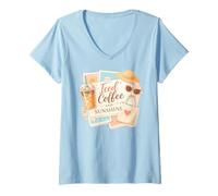 Donna Carino caffè Freddo e Sole Vacanze estive Amante della Caffeina Maglietta con Collo a V