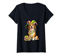 Donna Carino Cane Beagle a Tema Mardi Gras Maglietta con Collo a V