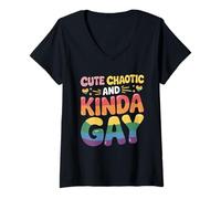 Donna Carino caotico e un po 'gay LGBT-Q Pride mese bandiera colorata Maglietta con Collo a V