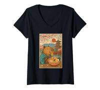 Donna Carino Capibara Mangiare Ramen Kimono Fiori di Ciliegio Monte Fuji Maglietta con Collo a V