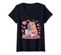 Donna Carino Capybara Boba Tea Lover Kawaii Bubble Drink Maglietta con Collo a V