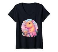 Donna Carino Capybara Kawaii Anime Boba Bubble Tea Amante Ragazze Teen Maglietta con Collo a V