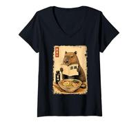 Donna Carino Capybara Ramen Giapponese Kanji Edo Pittura Maglietta con Collo a V