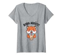 Donna Carino Cartoon Fox, Boba Addict! Maglietta con Collo a V