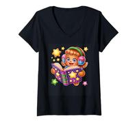 Donna Carino Cartoon Ragazza Lettura Stars Libro Maglietta con Collo a V
