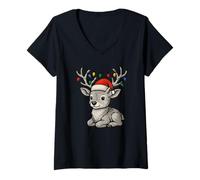 Donna Carino Cervo Cervo Catena Catena Luminosa Corna Xmas Natale Maglietta con Collo a V