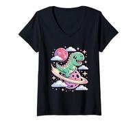 Donna Carino Chibi Dinosauro su Una Cometa Kawaii Goth Maglietta con Collo a V