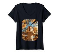 Donna Carino Chipmunk Selfie Autunno Foglie Foresta Autunno Maglietta con Collo a V