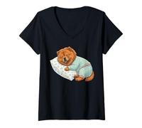 Donna Carino Chow Chow Cane Che Dorme in Pigiama Bedtime Art Maglietta con Collo a V
