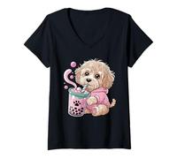 Donna Carino Cockapoo Puppy Bubble Tea Amante Kawaii Maglietta con Collo a V