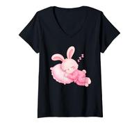 Donna Carino Coniglietto Rosa in Pigiama Che Dorme Dolci Sogni Bambini Maglietta con Collo a V