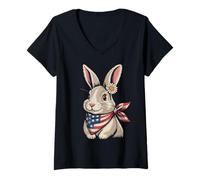 Donna Carino Coniglio Patriottico Bandiera Americana Coniglio Maglietta con Collo a V