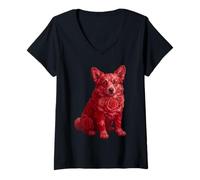 Donna Carino Corgi con Rose Rosse Floreale Cane San Valentino Maglietta con Collo a V