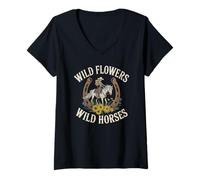 Donna Carino Cowgirl Fiori Cavalli Selvaggi Ranch Vibes Cowboy Country Maglietta con Collo a V