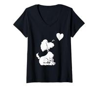 Donna Carino Cucciolo Cane con Cuore Cartone Animato per Gli Amanti dei Cani Maglietta con Collo a V