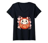 Donna Carino Daruma San Cat Good Luck Charm Sakura Viaggio Souvenir Maglietta con Collo a V