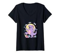 Donna Carino Dino City Chaos Pastello Dinosauro Cartoon Art Maglietta con Collo a V