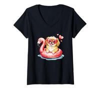 Donna Carino Estate Pechinese Flamingo Pool Float Maglietta con Collo a V