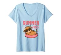 Donna Carino Estate Vibes Kawaii Highland Mucca Su Un Tubo Piscina Tempo Maglietta con Collo a V