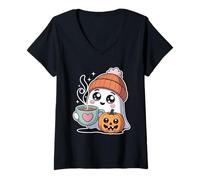 Donna Carino Fantasma Boo con Zucca e Bevanda Calda Halloween Divertimento Maglietta con Collo a V