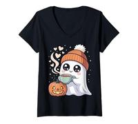 Donna Carino Fantasma Boo con Zucca e Bevanda Calda Halloween Divertimento Maglietta con Collo a V