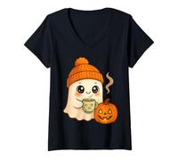 Donna Carino Fantasma Boo con Zucca e Bevanda Calda Halloween Divertimento Maglietta con Collo a V