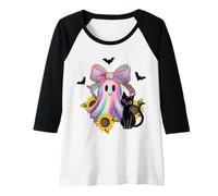 Donna Carino Fiocco Fantasma Kawaii e Gatto Nero Halloween Arcobaleno Pastello Maglia con Maniche Raglan