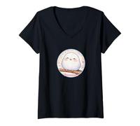 Donna Carino Fluffy Shima Enaga Japanese Snow Fairy Uccello Sorridente Maglietta con Collo a V