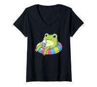Donna Carino Frog Pool Galleggiante Bere Slushy - Summer Pond Party Maglietta con Collo a V
