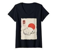 Donna Carino Gatto Che Dorme Arte Giapponese Vintage Zen Neko Maglietta con Collo a V