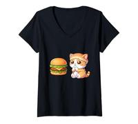 Donna Carino Gatto con Hamburger Cibo Amante Cartone Animato Maglietta con Collo a V