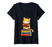 Donna Carino Gatto Lettura Libri Amante Animale Lettore Stile Bookworm Maglietta con Collo a V