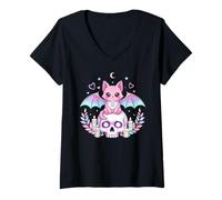 Donna Carino Gatto Pastello Gotico Pipistrello Teschio Kawaii Raccapricciante Kitty Scheletro Maglietta con Collo a V