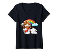 Donna Carino Gesù Cristo Pastore Agnello Arcobaleno Kid Cristianesimo Maglietta con Collo a V