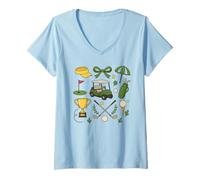 Donna Carino Golf Cart Clubs Trofeo Palla Ombrello Retro Sport Shirt Maglietta con Collo a V